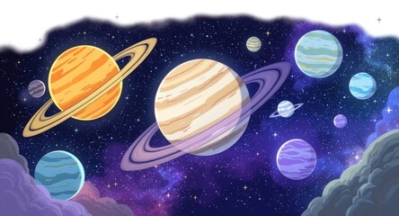 Cartoon Planets in a Colorful Galaxy Illustration.