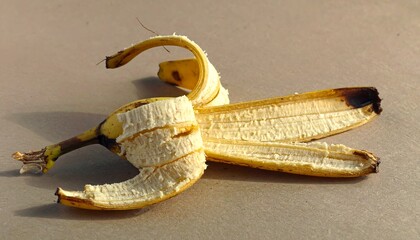 A discarded banana peel on a light brown surface
