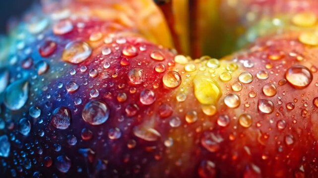 Close-Up of a Water Droplet Covered Apple Showcasing Vivid Color and Detail