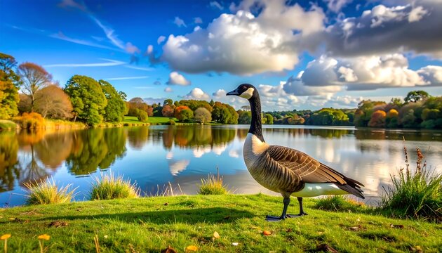 Calm autumnal park scene with a goose - Powered by Adobe