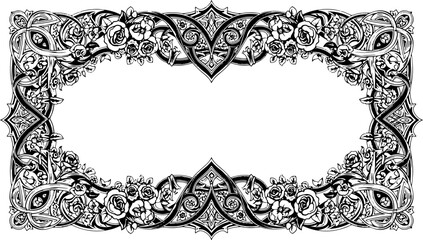 Elegant floral border design with intricate Celtic knotwork and blooming roses, perfect for invitations and luxury branding. silhouette and cutout removed background