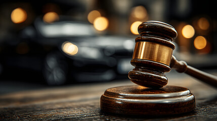 A close-up of a wooden gavel resting on a table, symbolizing justice and legal proceedings. The background features a blurred car, highlighting themes of law and order in society.