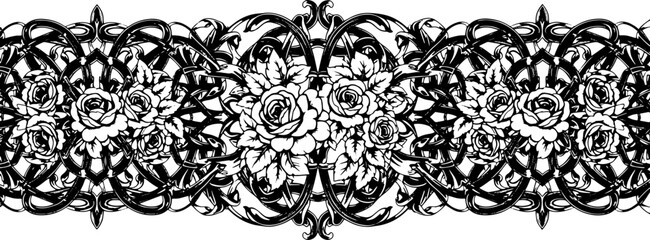 Fototapeta premium Elegant black and white floral border design with intricate scrollwork and roses, perfect for invitations. silhouette and cutout removed background