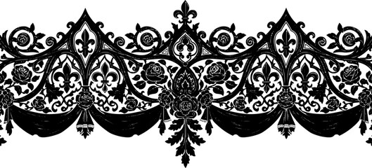 Elegant black gothic floral border design with roses and fleur de lis motifs, evoking vintage luxury silhouette and cutout removed background © Spacler