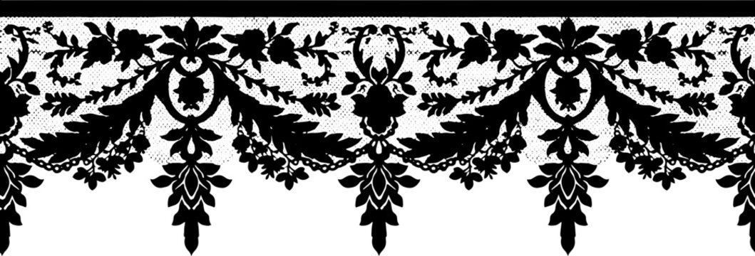 Elegant black lace border with ornate floral motifs and delicate floral patterns adding luxurious detail silhouette and cutout removed background