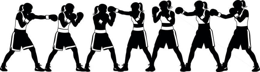 Female Boxer Silhouette Sequence Showing Punching Techniques, Defensive Stances, Athletic Movements for Training, Fitness, Martial Arts, and Sports Education