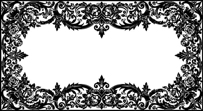 Elegant black floral border design, ornate scrollwork and rose details, vintage decorative frame silhouette and cutout removed background