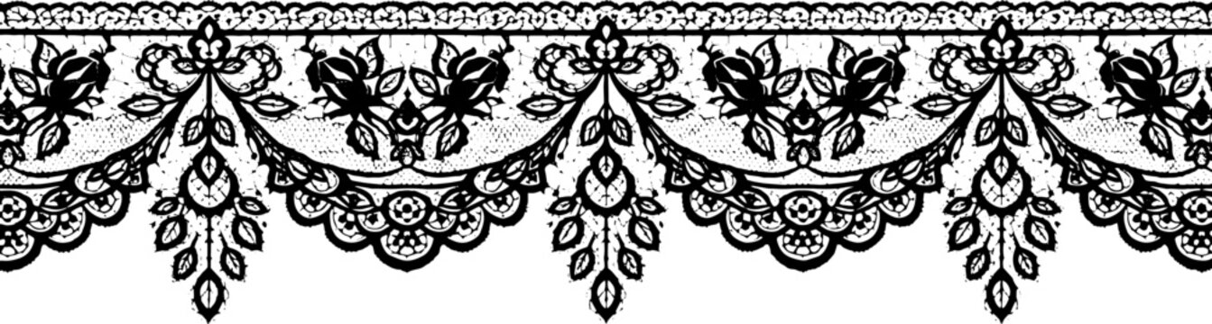 Elegant black lace border with intricate floral rose patterns, perfect for wedding invitations and design. silhouette and cutout removed background