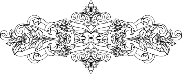 Elegant vintage rose and ribbon ornamental design for decorative borders and invitations silhouette and cutout removed background
