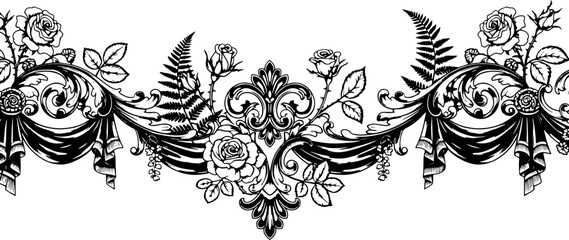Elegant black and white floral border with roses and ferns, perfect for vintage designs silhouette and cutout removed background