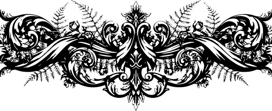 Elegant baroque scrollwork with delicate roses and ferns, vintage flourish design element silhouette and cutout removed background