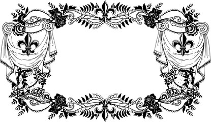 Elegant black and white floral frame with fleur-de-lis and lace details for invitations silhouette and cutout removed background