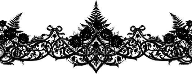 Elegant gothic floral border with red black roses ferns and ornate scrollwork for design silhouette and cutout removed background