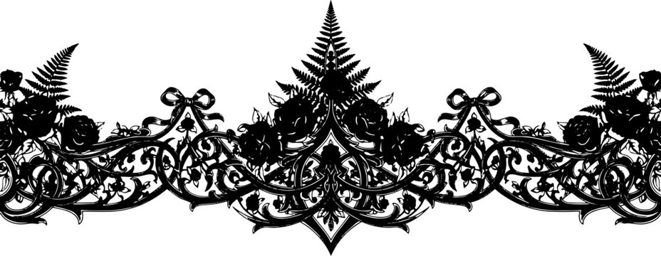 Elegant gothic floral border with red black roses ferns and ornate scrollwork for design silhouette and cutout removed background