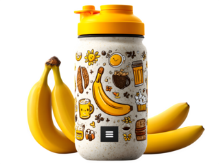Wholesome breakfast smoothie promotion with fresh bananas and a fun shaker bottle design for a delicious, healthy start to your day, fueling energy and vitality Isolated  to Transparent  Background