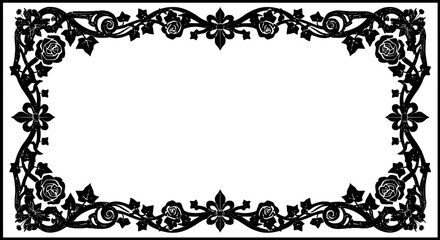 Elegant black ornate floral border with roses and ivy, perfect for invitations and decorative designs. silhouette and cutout removed background
