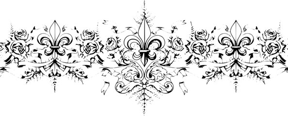 Fototapeta premium Elegant fleur-de-lis and rose border design with flowing ribbons and delicate foliage silhouette and cutout removed background