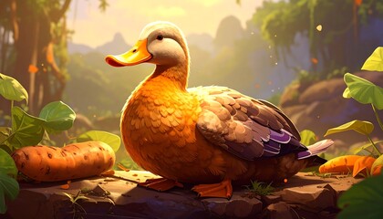 A duck amidst a vibrant jungle scene, near some roots and vegetables