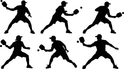 Pickleball players silhouette set showing dynamic paddle action, athletic movement, competitive sport poses, ideal for fitness and recreation concepts