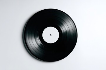 Obraz premium Retro Black Vinyl LP Record with Blank White Label, Top View on Clean Background.