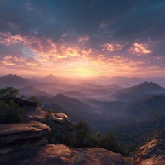 Majestic Sunset Over Mountain Range, Dramatic Sky, Serene Landscape, Golden Hour Glow.