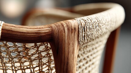 Detailed shot of wooden chair frame with woven seat and backrest design