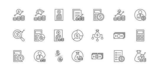 Financial Management icon set containing financial, management, report, statement, expense, strategy, manager, analysis and budget vector icons