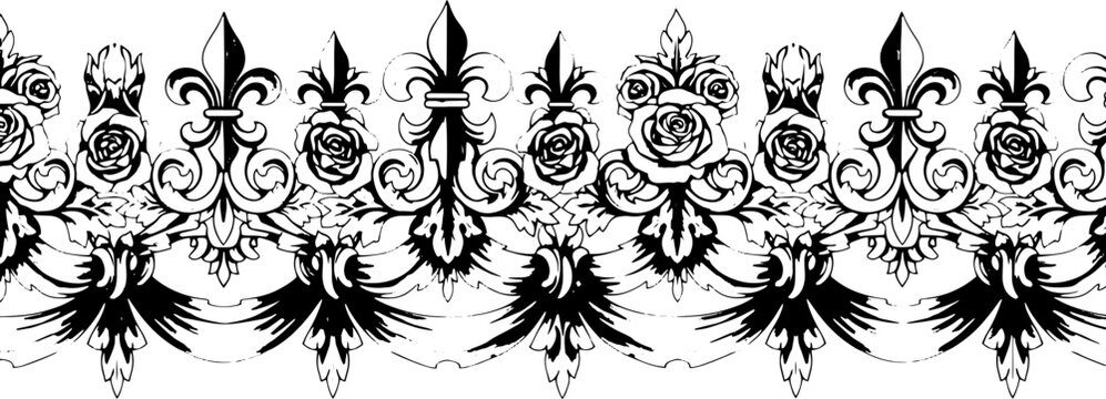 Elegant vintage border design with roses and fleur-de-lis motifs, perfect for luxury invitations silhouette and cutout removed background