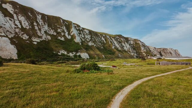 Samphire Hoe country park, Dover, Kent, England, UK, with chalk cliffs, sea wall paths and coastal meadows