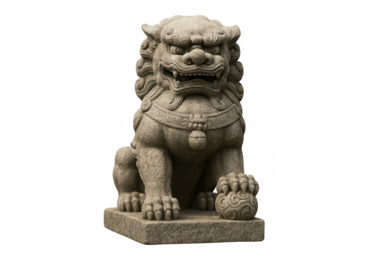 Chinese guardian lion stone statue with transparent background