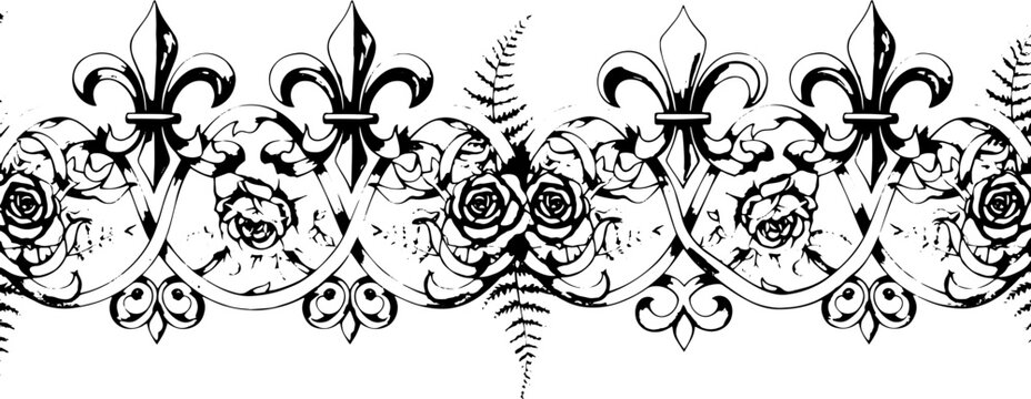 Elegant vintage ornamental border with fleur-de-lis and roses, perfect for invitations and decor silhouette and cutout removed background