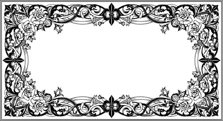 Elegant floral scrollwork border with roses, perfect for invitations and vintage designs silhouette and cutout removed background
