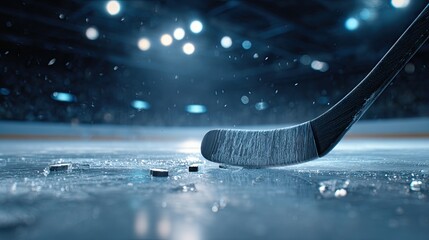 Dynamic Close-Up of a Hockey Stick Hitting Pucks on Ice with Dramatic Lighting and Blurred Background in Sports Arena