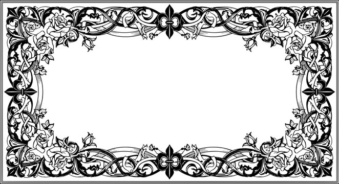 Elegant floral scrollwork border with roses, perfect for invitations and vintage designs silhouette and cutout removed background