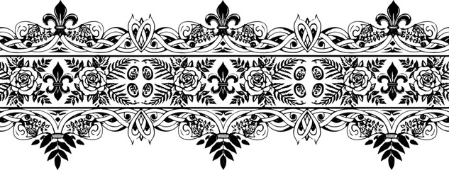 Elegant black and white floral border with fleur de lis and roses, perfect for invitations and design silhouette and cutout removed background