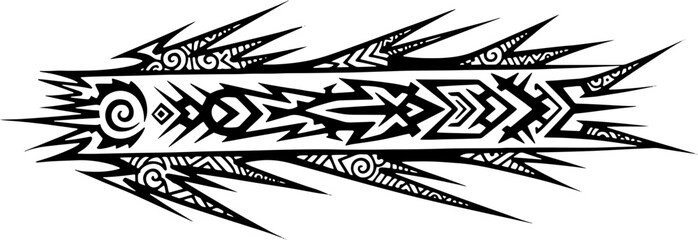 Fototapeta premium Bold tribal tattoo design with sharp geometric patterns and swirling motifs, perfect for edgy apparel silhouette and cutout removed background