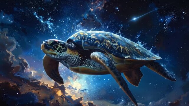 Celestial Sea Turtle Soaring Through a Vibrant Cosmic Nightscape