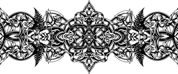 Intricate Celtic knotwork seamlessly blends with delicate floral and fern elements creating a timeless, elegant design. silhouette and cutout removed background