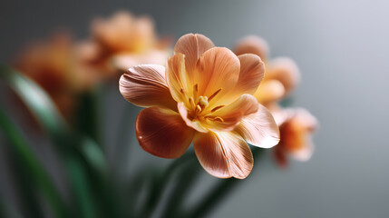 Fototapeta premium Orange Tulip Blossom: A captivating close-up showcases the delicate beauty of an orange tulip flower, its soft petals radiating warmth and vibrancy, bringing forth a sense of gentle serenity.