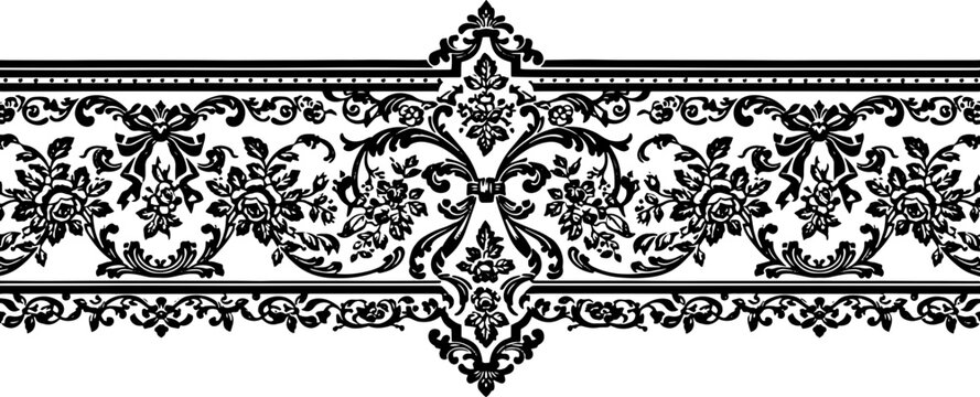 Elegant baroque floral border design with classic ornate scrollwork and ribbons silhouette and cutout removed background