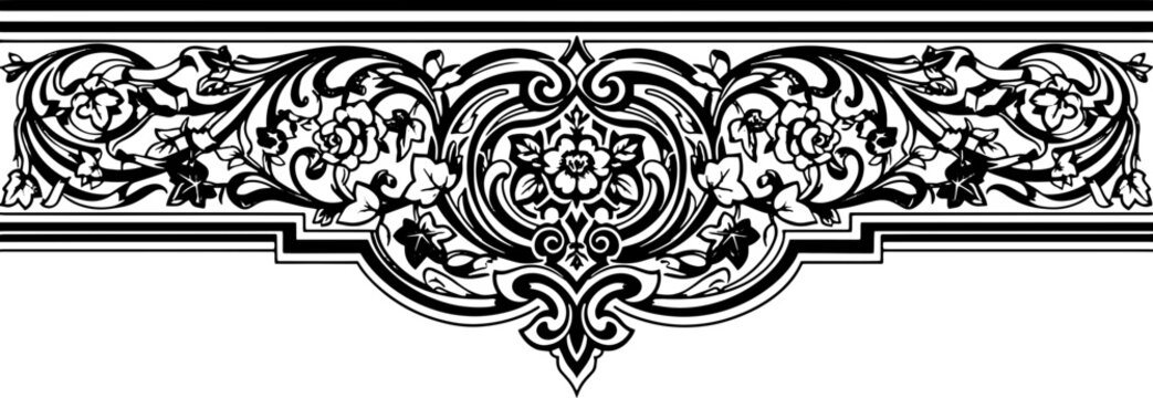 Elegant floral ornamental border design adds vintage charm and sophisticated detail to any creative project. silhouette and cutout removed background