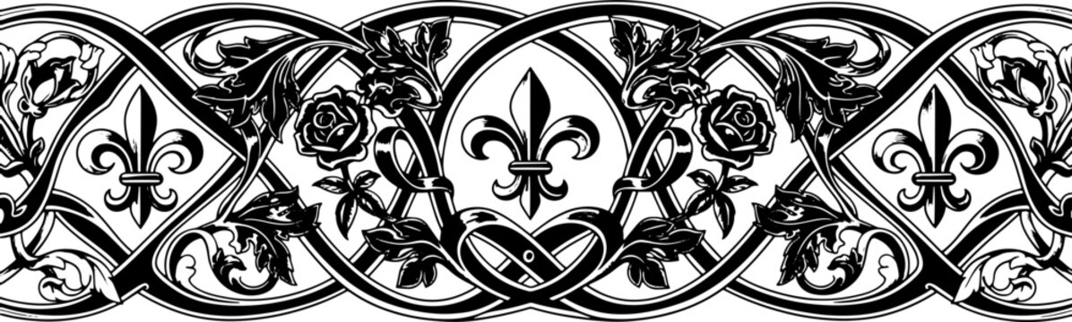 Elegant black and white vintage floral border design with fleur-de-lis and roses silhouette and cutout removed background