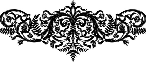 Intricate black floral scrollwork with roses and ferns, elegant vintage decorative element for design silhouette and cutout removed background