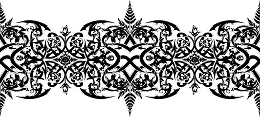 Elegant black and white floral border design with roses and ferns, perfect for luxury invitations and branding silhouette and cutout removed background