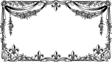Elegant vintage ornate frame with roses and fleur de lis for invitations and luxurious designs silhouette and cutout removed background