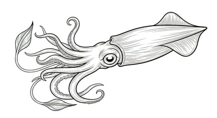 Illustration of a squid with tentacles and fins on a white background.