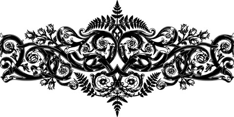 Elegant black and white ornamental flourish with roses and ferns, perfect for invitations and branding. silhouette and cutout removed background