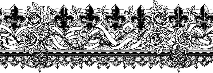Elegant vintage floral border design with roses and fleur-de-lis for luxurious applications silhouette and cutout removed background