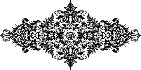 Elegant black and white floral scrollwork with roses and ferns creates a timeless decorative flourish silhouette and cutout removed background