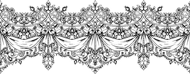 Elegant Victorian lace border with roses and drapery adds luxurious vintage charm to designs silhouette and cutout removed background